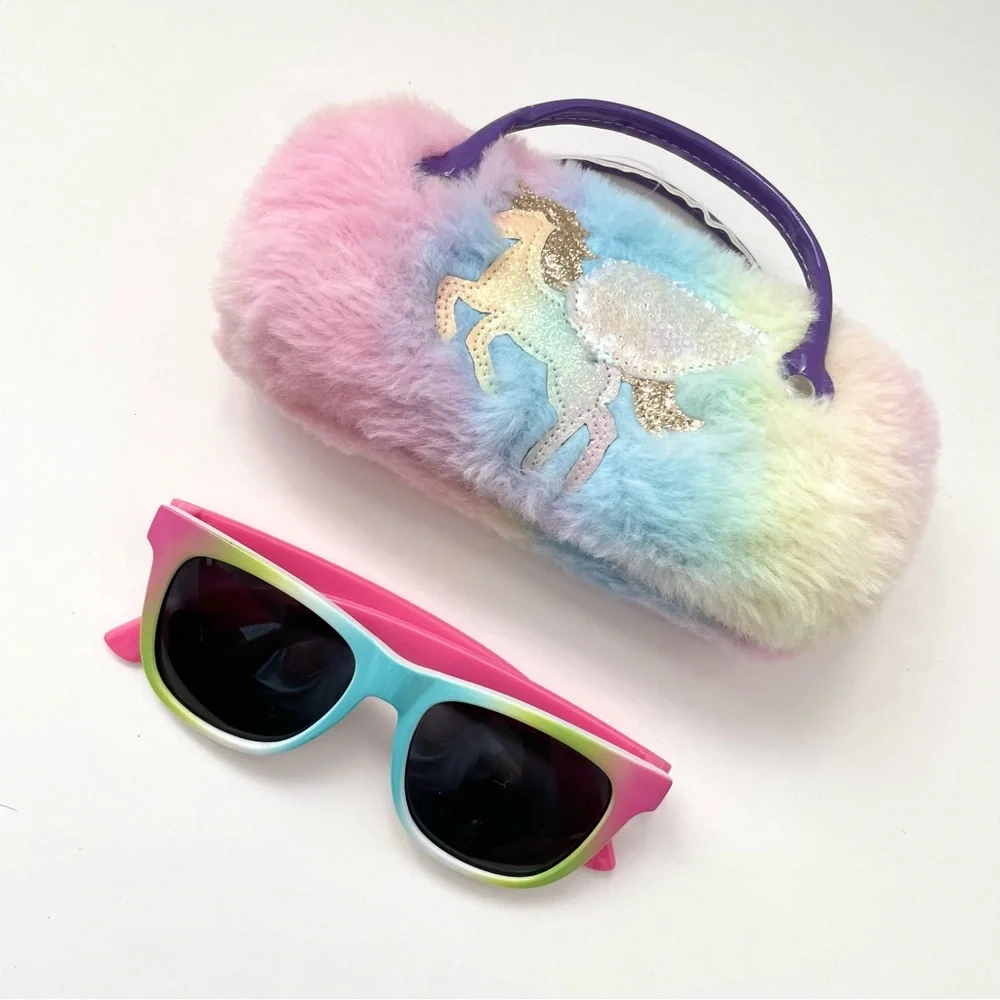Girls Rainbow Sunglasses And Fuzzy Rainbow Unicorn Case Set!